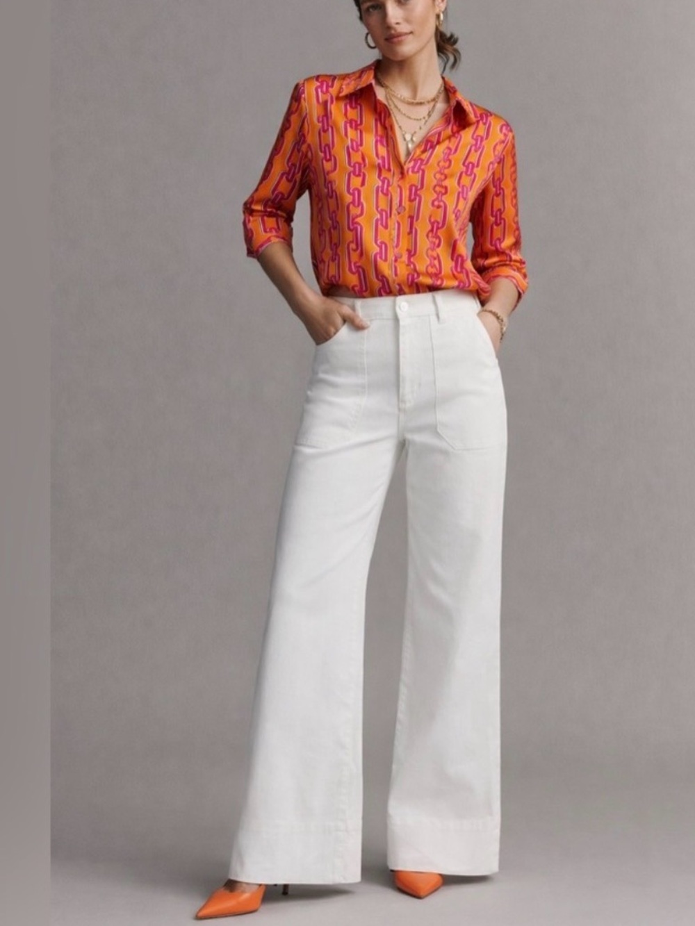 Maison d’Amelie Vibrant Orange & Pink Chain Print Button-Up Satin Blouse size S